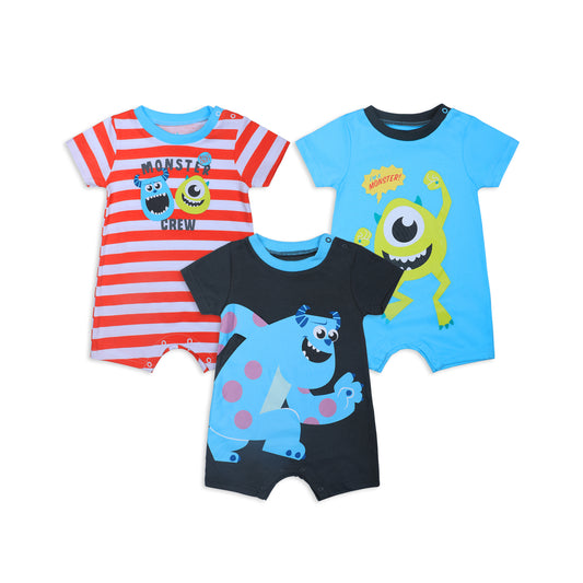 Disney Monsters Inc. Mike and Sulley Boys’ 3 Pack Rompers for Newborn and Infant – Blue/Red/Grey