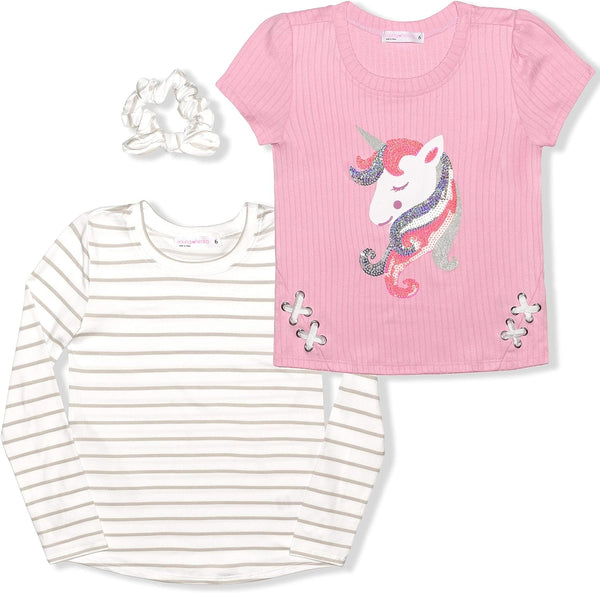 Young Hearts Girls? Unicorn T-Shirt, Long Sleeve Shirt and Scrunchie for Toddler, Little and Big Kids ? Pink/White