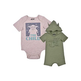 Star Wars The Mandalorian Baby Yoda Boys’ Bodysuit and Hooded Romper Set for Newborn and Infant – Green/Grey