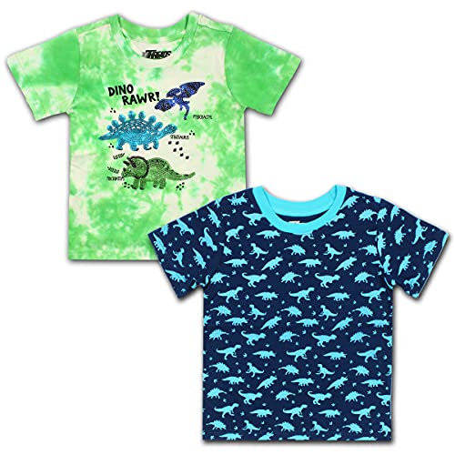 10 Threads Dino and Shark Boys 2 Pack T-Shirts for Toddler and Little Kid – Blue/Green/Grey