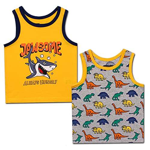 10 Threads Dino and Shark Boys 2 Pack Tank Tops for Toddler and Little Kids – Yellow/Grey/White/Blue