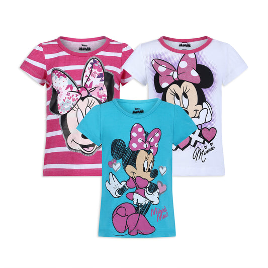 Disney Girl's 3 Pack Minnie Mouse Short Sleeves Tee Shirt Set, Pink/Blue