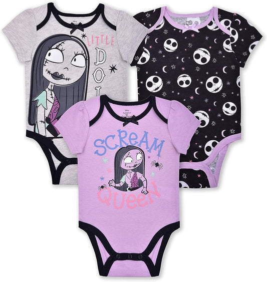 Disney Nightmare Before Christmas Sally and Jack Girls? 3 Pack Bodysuit for Newborn and Infant ? Purple/Grey/Black