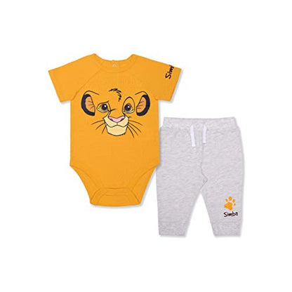 Disney Lion King Simba Boys’ Short Sleeve Bodysuit and Jogger for Newborn and Infant – Yellow/Grey