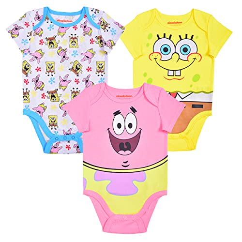 Nickelodeon SpongeBob Squarepants and Patrick Star Boys’ 3 Pack Bodysuit for Newborn and Infant – Yellow/White/Pink