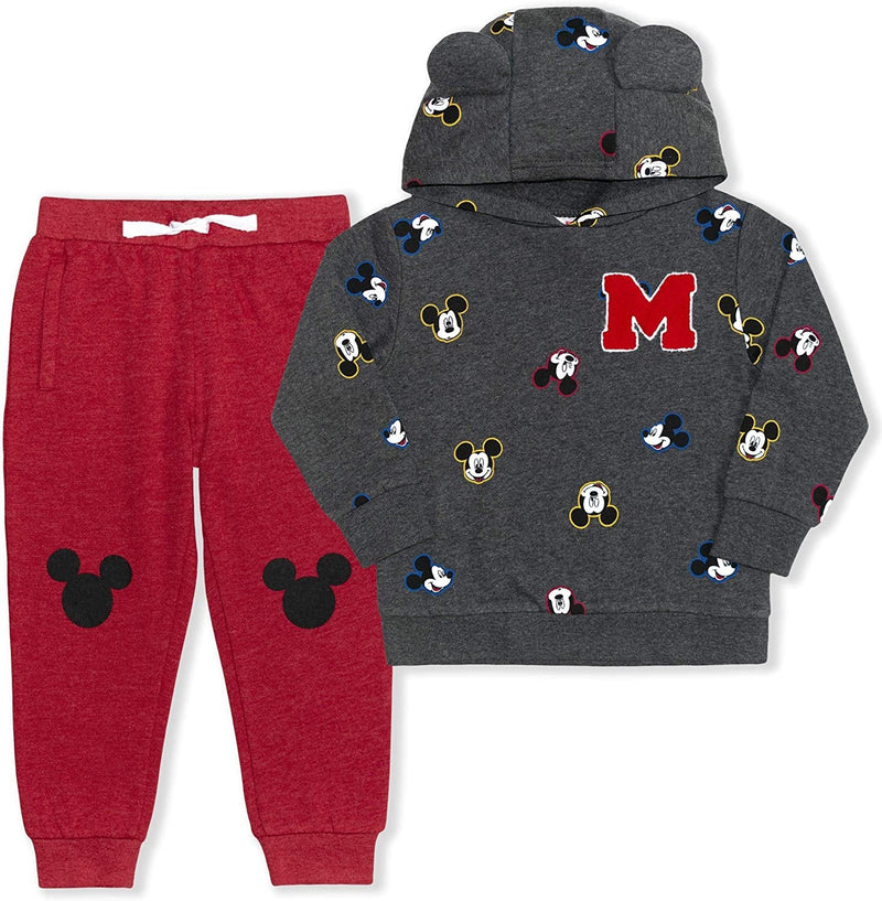 Disney Mickey Mouse Boys’ Hoodie and Joggers Set for Toddler and Little Kids – Red/Grey