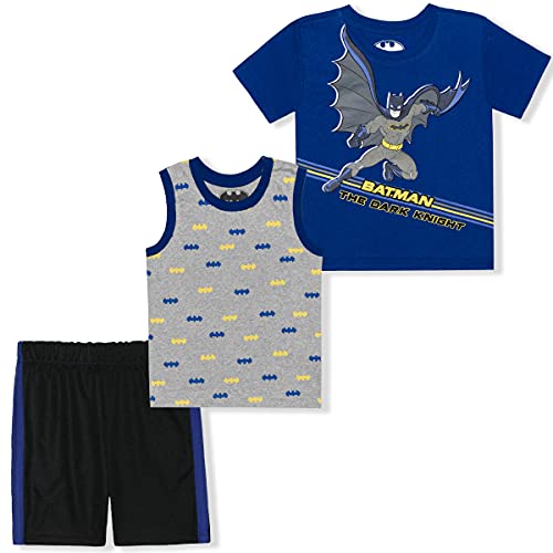 DC Comics Boys’ Batman T-Shirt, Tank Top and Short Set for Toddler and Little Kids – Blue/Black/Grey or Yellow/Gray/Black