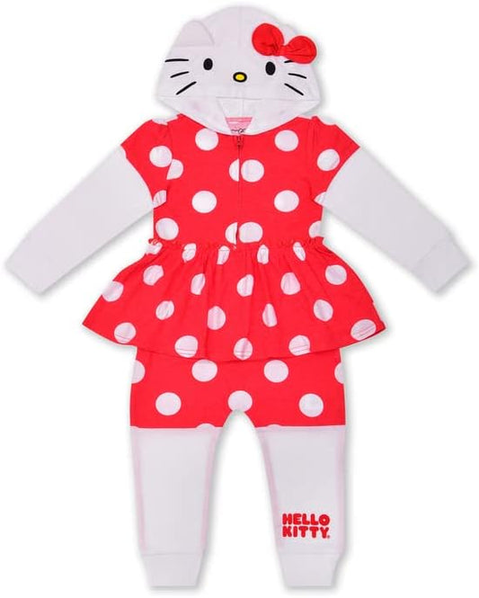 Hello Kitty Long Sleeve Zip Up Romper for Baby Girl and Toddler – Red/White