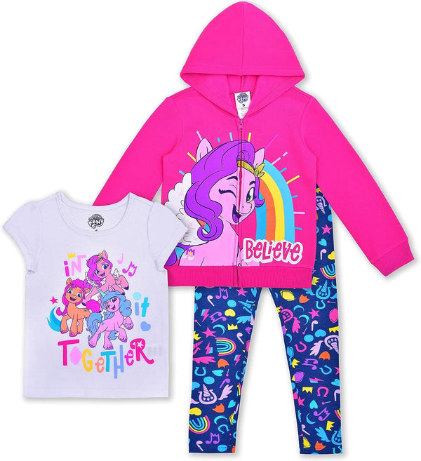 My Little Pony Hasbro Girls? Zip Up Hoodie, Short Sleeve Tee and Legging Pants Set for Little and Big Kids ? Pink/White/Blue