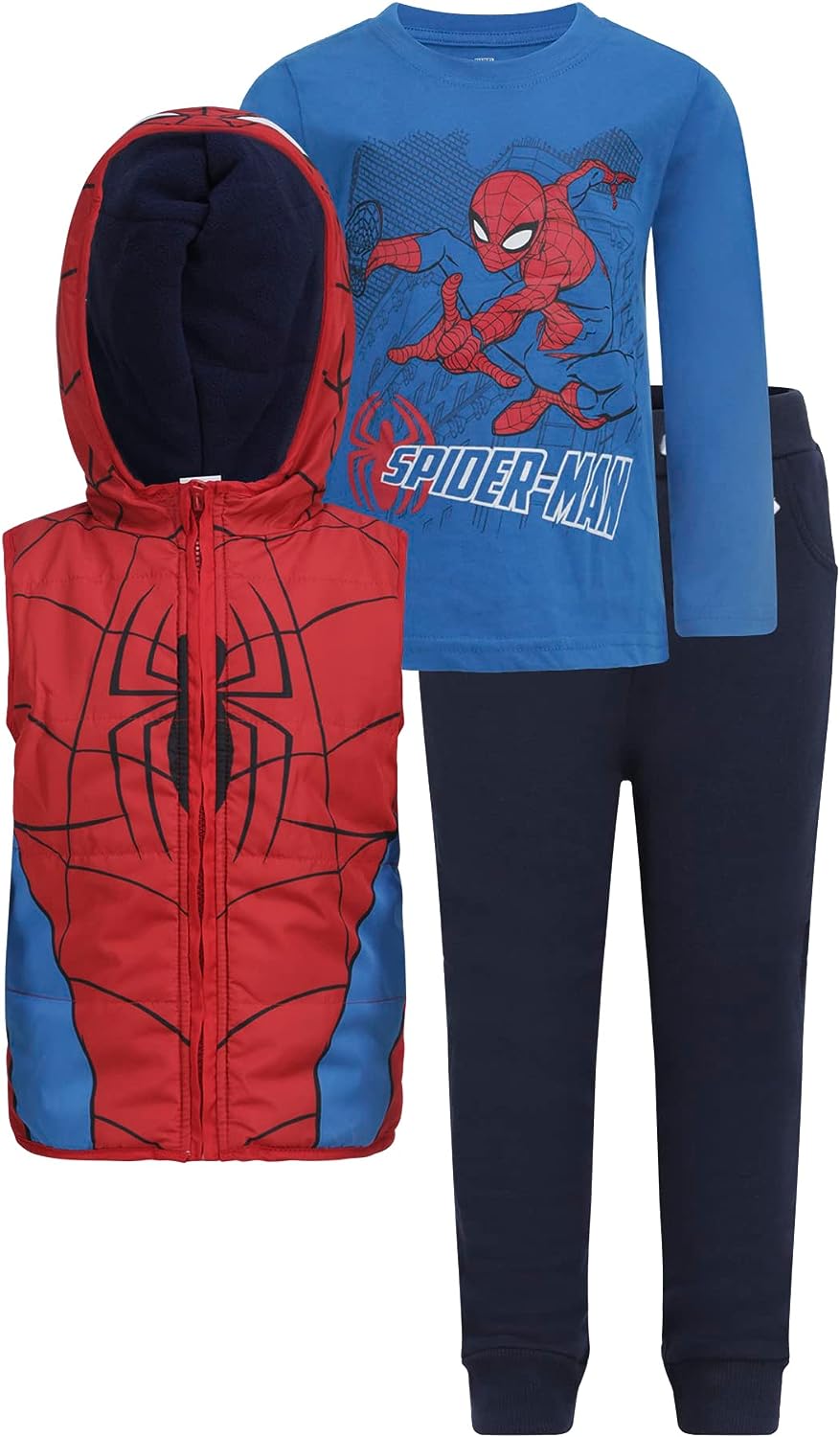 Marvel Spiderman Boys Hooded Vest, Long Sleeve T-Shirt and Jogger Pants Set for Toddler and Little Kids ? Blue/Red/Navy