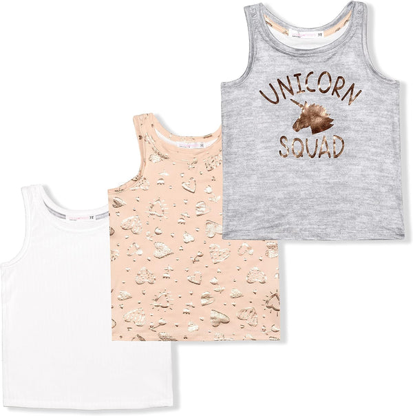 Young Hearts Unicorn Squad Girls? 3 Pack Tank Tops for Toddler and Little Kids ? Pink/White/Grey