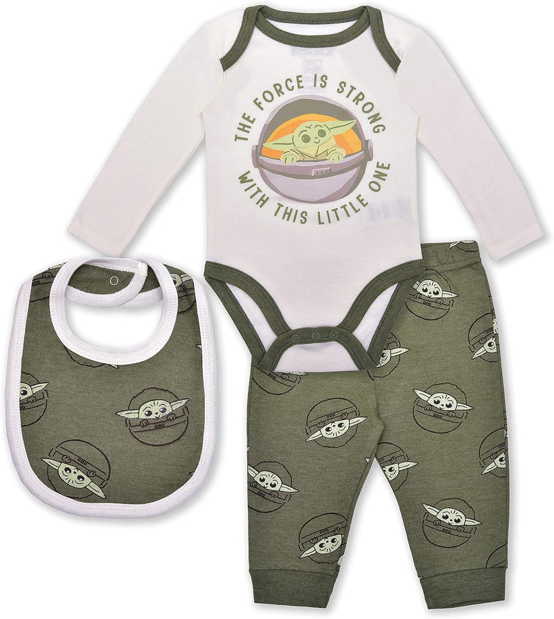 STAR WARS The Mandalorian Baby Yoda Boys? Long Sleeve Bodysuit, Jogger Pants and Bib Set for Newborn ? White/Green