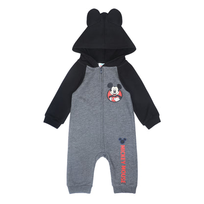 Disney Baby Boy Mickey Mouse Coverall Romper Creeper with Hood and 3D Mouse Ears