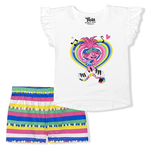 DreamWorks Trolls Poppy Girls’ T-Shirt and Short Set for Toddler and Little Kids – White/Pink/Blue