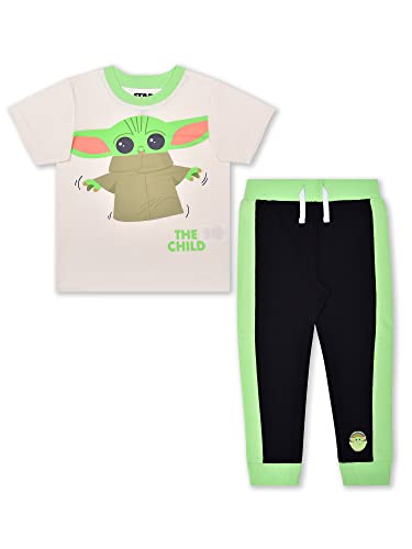 Star Wars Baby Yoda Boys’ T-Shirt and Jogger with Drawstring Set for Toddler and Little Kids – Beige/Black