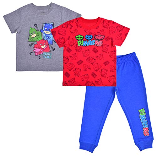 PJ Masks Boy's 3 Piece, Two T-Shirts and Jogger Sweatpants for Toddler and Little Kids- Blue/Red/Grey