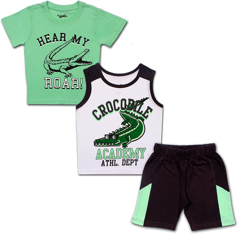 Little Rebels Boy's 3-Pack Hear Me Roar! Tee, Sleeveless Shirt and Short Set, Green, Size 2T