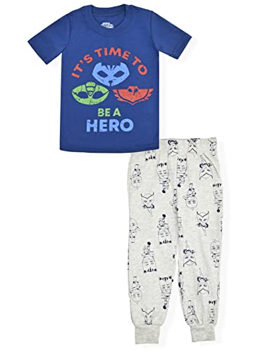 PJ Masks Catboy, Owlettle and Gekko Boys’ T-Shirt and Jogger Pants Set for Toddler and Little Kids – Navy/Grey