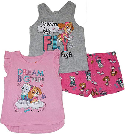 Nickelodeon Paw Patrol Girls’ Short Sleeve Shirt, Tank top and Shorts Set for Toddler and Little Kid – Pink/Blue/Grey