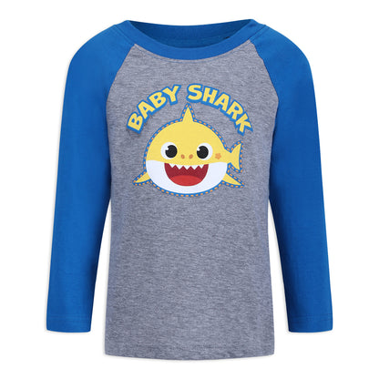 Nickelodeon Baby Shark Boy's Pullover Graphic Tee with Raglan Long Sleeves, Blue/ Grey