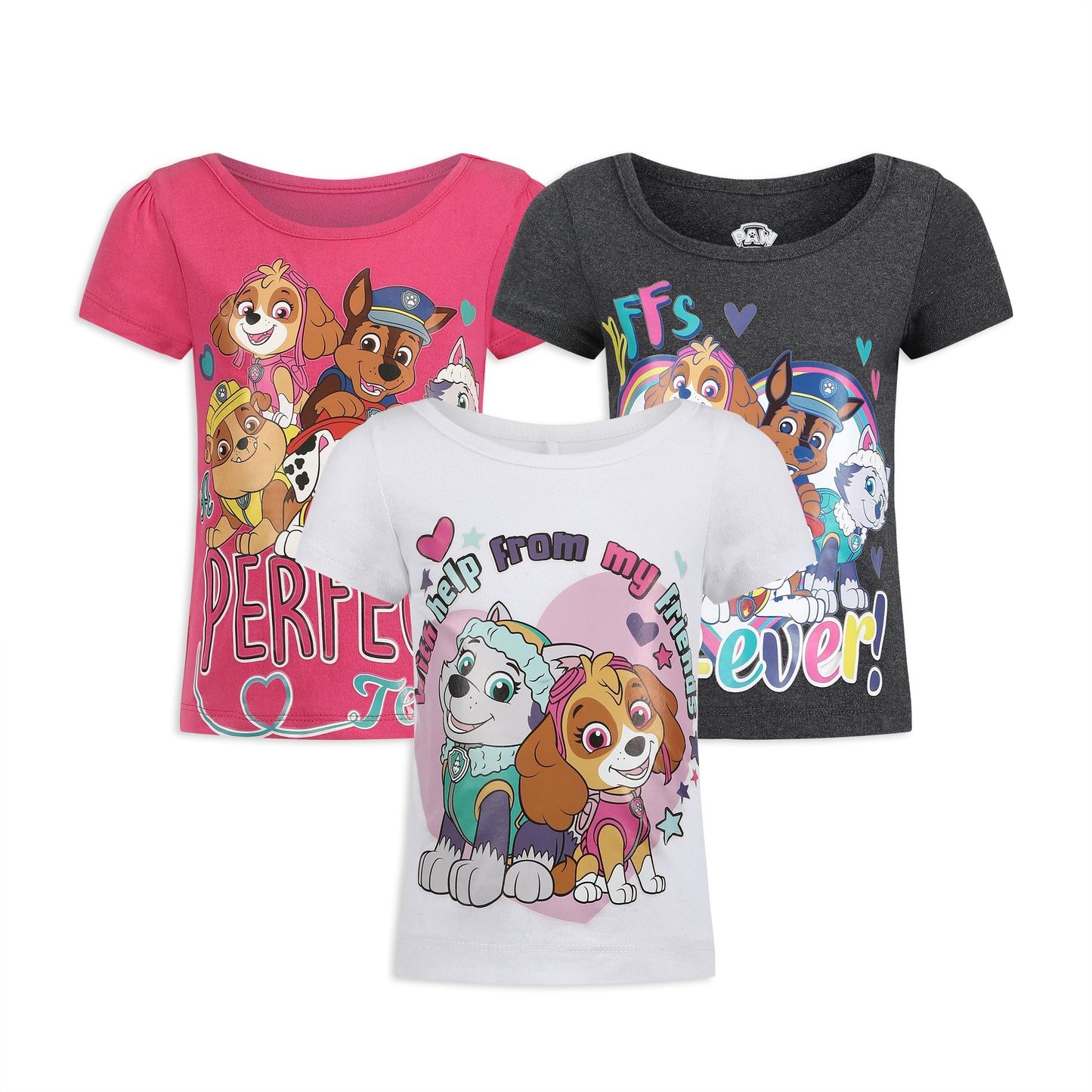 Nickelodeon Paw Patrol Girls’ Short Sleeve Shirt 3 Pack for Toddler and Little Kids – White/Grey/Pink