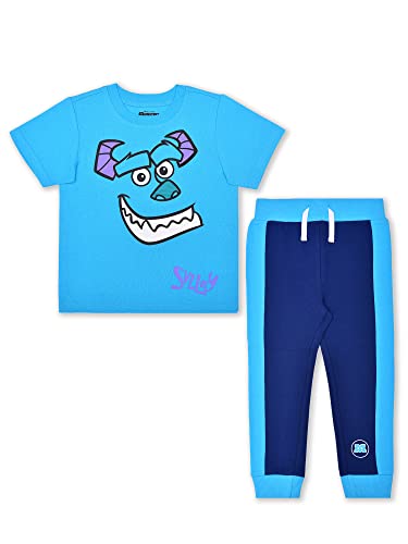 Disney Monsters Inc. Boys’ Mike and Sully T-shirt and Jogger with Drawstring Set for Toddler and Little Kids – Green Blue