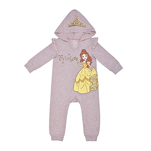 Disney Princess Ariel, Cinderella or Belle Girls’ Hooded Long Sleeve Romper for Newborn and Infant – Blue or Purple