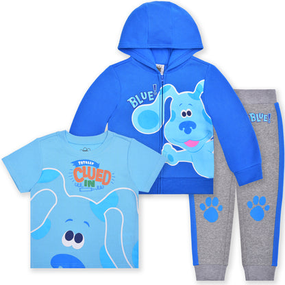 Nickelodeon Blue’s Clues Boys 3 Piece T-Shirt, Zip Up Hoodie and Joggers Set for Infants and Toddlers – Blue/Grey