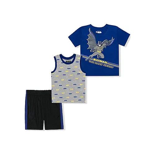 BATMAN DC Comics Boys T-Shirt, Tank Top and Short Set for Toddler and Little Kids ? Blue/Black/Grey or Yellow/Gray/Black