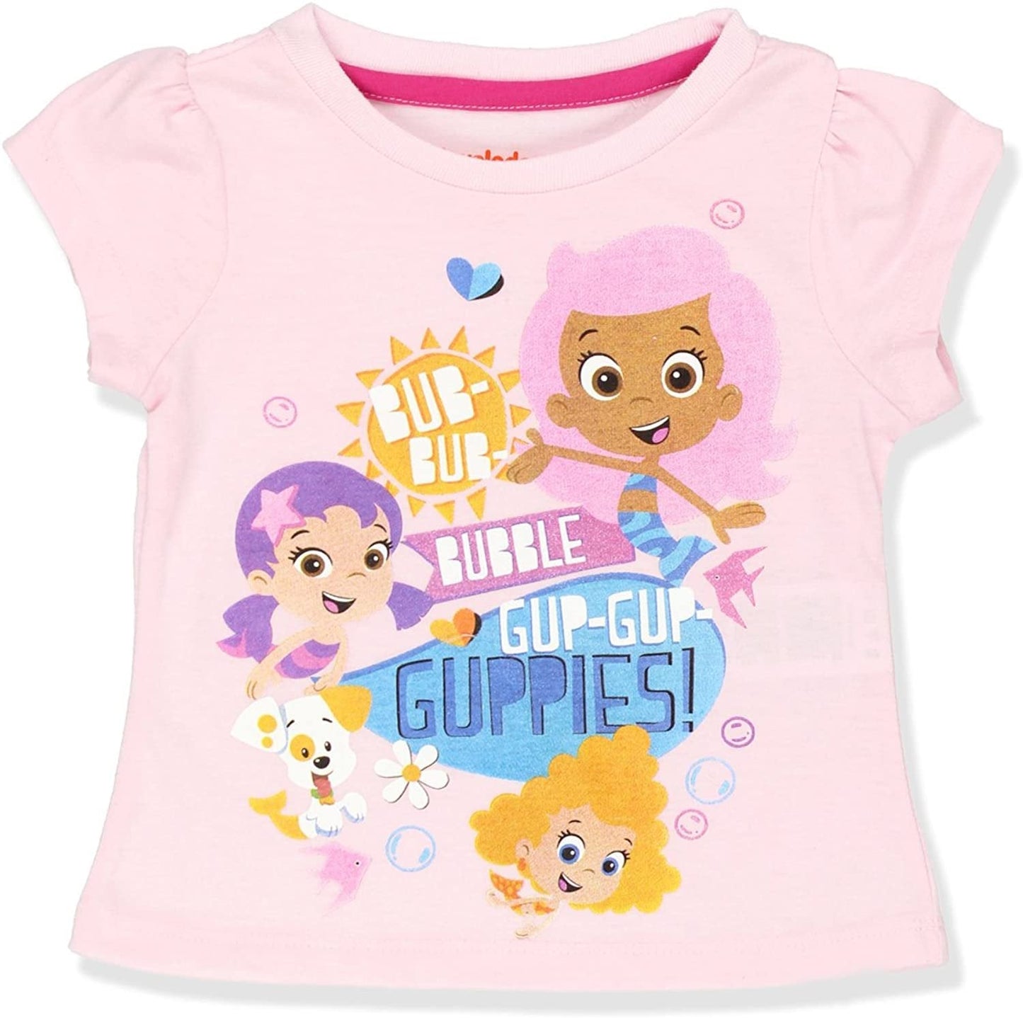 Nickelodeon Bubble Guppies Molly, Deena, Oona and Bubble Puppy Girls’ Short Sleeve Tee for Toddler – Pink