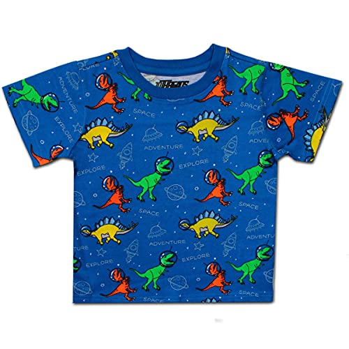 10 Threads Boy's Dino Space Adventure Short Sleeve Summer Tee Shirt, Blue