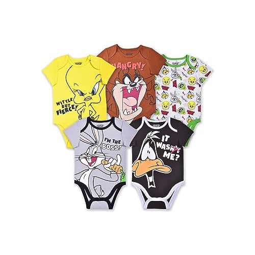 WARNER BROS Looney Tunes Boys? 5 Pack Short Sleeve Bodysuit for Newborn and Infant ? Yellow/Grey/Brown/White/Black