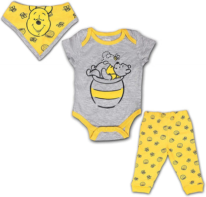 Disney Winnie The Pooh Boys’ Short Sleeve Bodysuit, Joggers and Bib Set for Newborn – Grey/Yellow