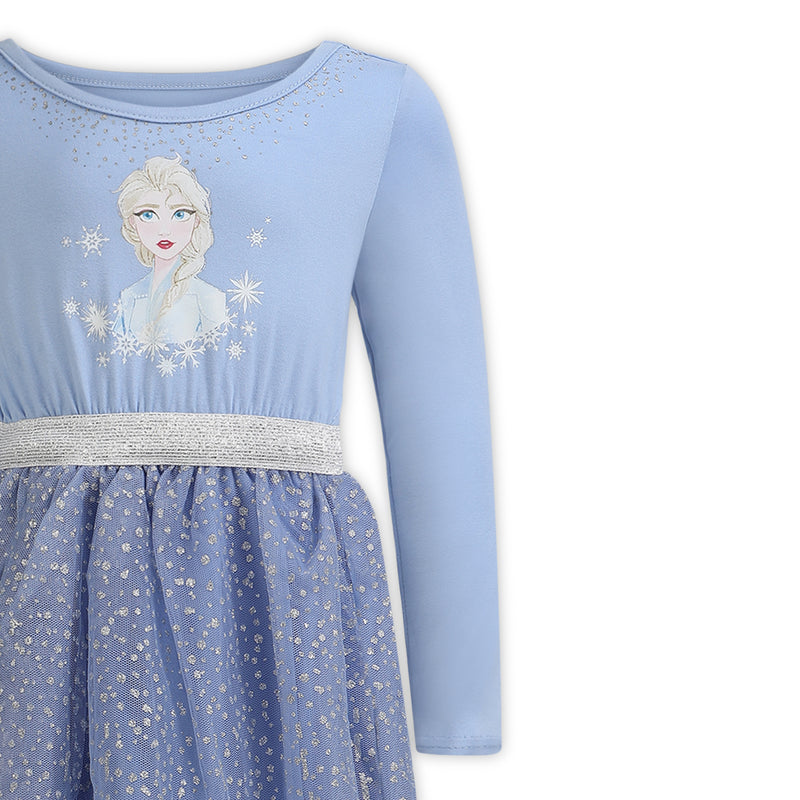 Disney Frozen Girls Elsa Long Sleeve Dress for Toddler and Little Girls – Blue