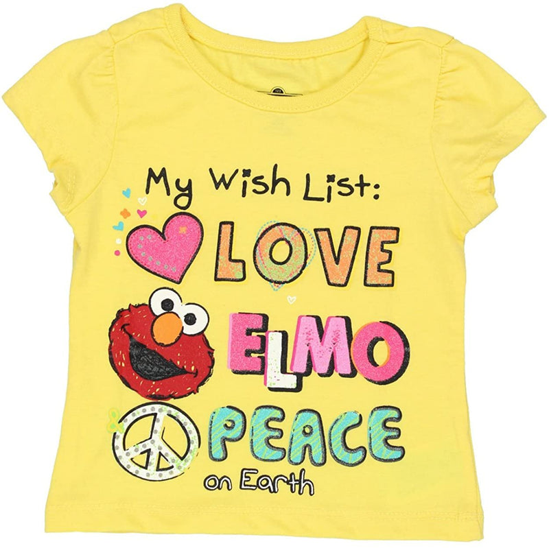 Sesame Street Girl's Love, Elmo, Peace Short Sleeve Graphic Tee Shirt, Yellow