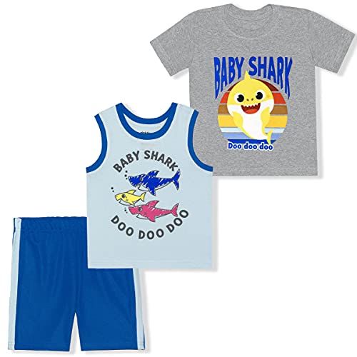 Baby Shark Boys 3 Piece T-Shirt, Tank Top and Shorts Set for Toddlers - Blue/Grey