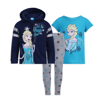 Disney Frozen Girls T-Shirt, Zip Up Hoodie and Legging Pants Set for Toddler and Little Kids – White/Grey/Navy/Blue