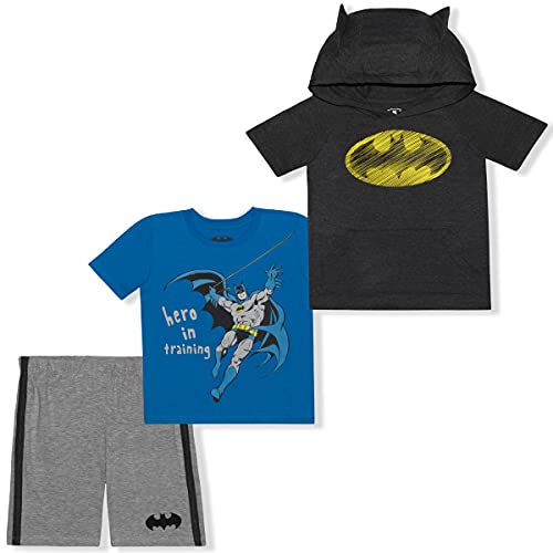 DC Comics Boys Batman Hooded T-Shirt, T-Shirt and Short Set for Toddler and Little Kids – Blue/Black/Grey