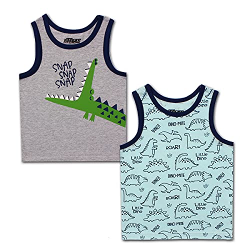 10 Threads Dino and Shark Boys 2 Pack Tank Tops for Toddler and Little Kids – Yellow/Grey/White/Blue