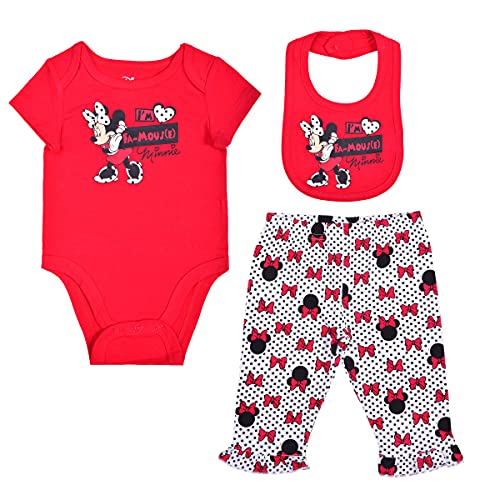 Disney Minnie Mouse Girls’ Bodysuit, Leggings and Bib Set for Newborn – Red/White