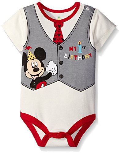 Disney Mickey Mouse, Donald Duck or Goofy Boys’ 1st Birthday Bodysuit for Newborn and Infant – Red/White/Blue/Green