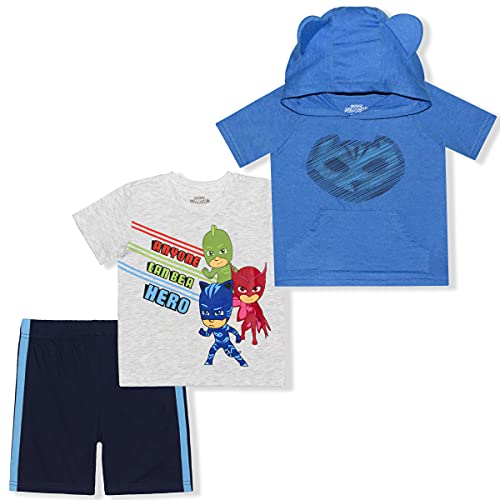 PJ Masks Boys Short Sleeve T-Shirt, Hooded Shirt and Shorts Set for Toddler and Little Kids - Grey/Blue/Black