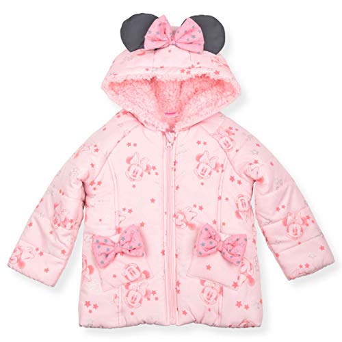 Disney Girl's Minnie Mouse Hooded Puffer Jacket with Bow Pockets and Ears, Pink