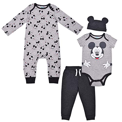 Disney Mickey Mouse Boys Bodysuits, Joggers and Cap Set for Newborn and Infant – Grey