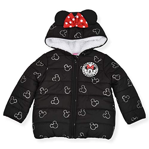 Disney Girl's Minnie Mouse Print Hooded Puffer Jacket with Ears and Red Bow, Black