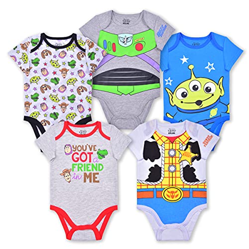 Disney Toy Story Boys 5 Pack Short Sleeve Bodysuit for Newborn and Infant – Blue/Grey/White