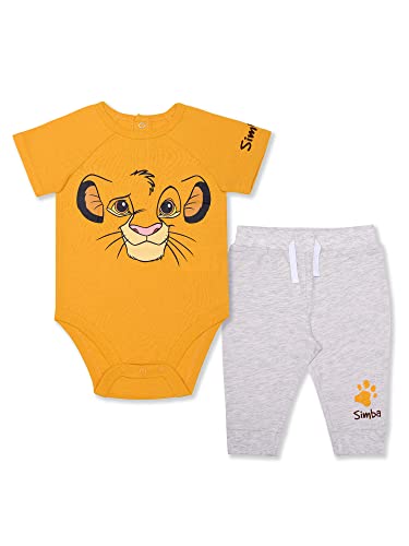 Disney Lion King Simba Boys’ Short Sleeve Bodysuit and Jogger for Newborn and Infant – Yellow/Grey