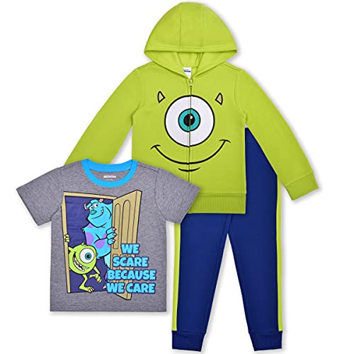 Disney Monsters Inc Boys Mike and Sully T-Shirt, Zip Up Hoodie and Jogger Pants Set for Toddler and Little Kids