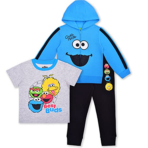 Sesame Street Boys Elmo and Cookie Monster Zip-up Hoodie, T-Shirt and Jogger Set for Infant and Toddlers