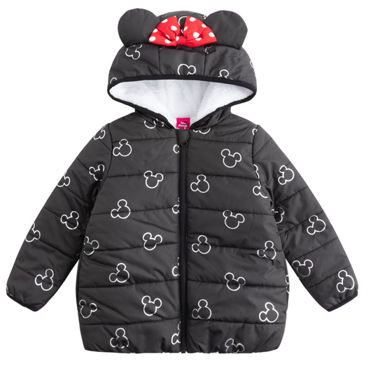 Disney Girl's Minnie Mouse Print Hooded Puffer Jacket with Ears and Red Bow, Black